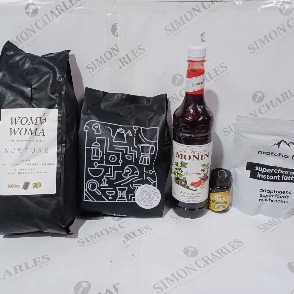 BOX OF APPROX 10 ASSORTED FOOD ITEMS TO INCLUDE - MATCHA FUEL SUPERCHARGED INSTANT LATTE - WOMA WOMA NURTURE - GRENADINE ECT