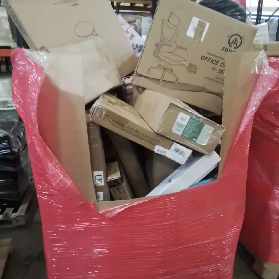 PALLET CONTAINING VARIOUS ASSORTED ITEMS TO INCLUDE: OFFICE/GAMING CHAIR, NEST OF 2 TABLES, TRUNKI, STORAGE UNIT AND LOTS MORE UNMARKED BOXED ITEMS 