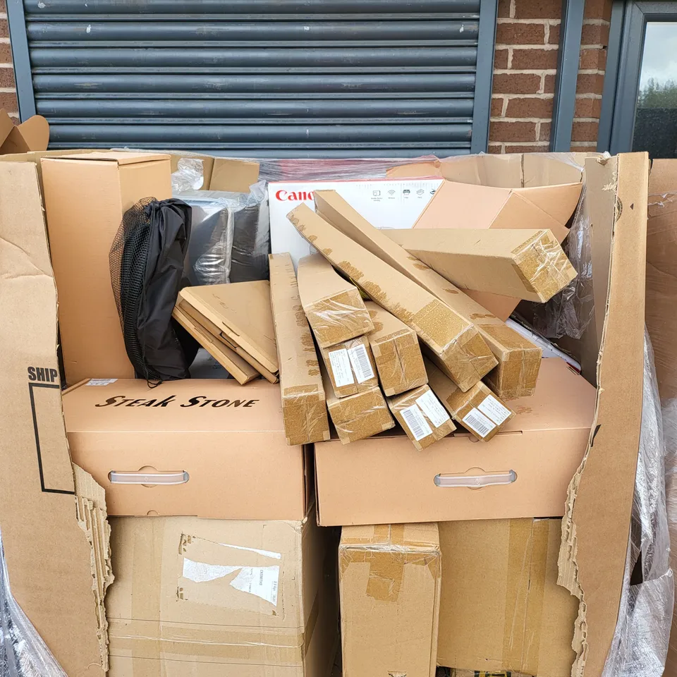 PALLET OF A SIGNIFICANT QUANTITY OF ASSORTED ITEMS TO INCLUDE VARIOUS PRINTERS, TEE-SHIRT FOLDER, OLSEN&SMITH WIRELESS COMBO, STEAK STONE, ETC