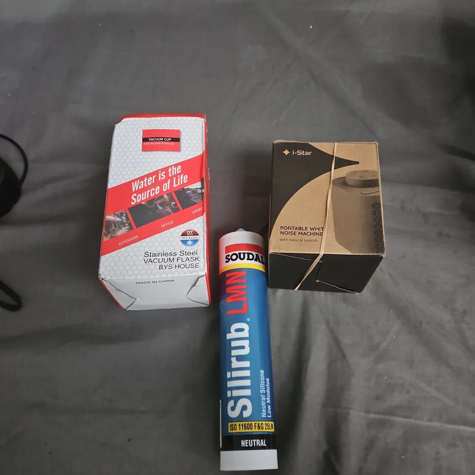 APPROXIMATELY 10 ASSORTED HOUSEHOLD ITEMS TO INCLUDE PORTABLE WHITE NOISE MACHINE,SILIRUB, VACUUM FLASK , ETC 