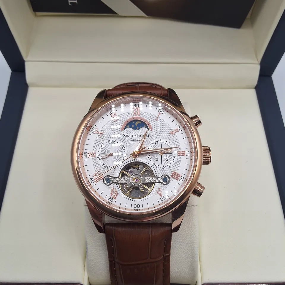 BOXED SWAN & EDGAR WHITE DIAL AUTOMATIC MOONPHASE WATCH WITH BROWN LEATHER STRAP