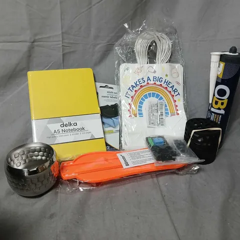 APPROXIMATELY 12 ASSORTED HOUSEHOLD ITEMS TO INCLUDE A5 NOTEBOOK, SEALANT ADHESIVE, STOCK ON LABELS, ETC
