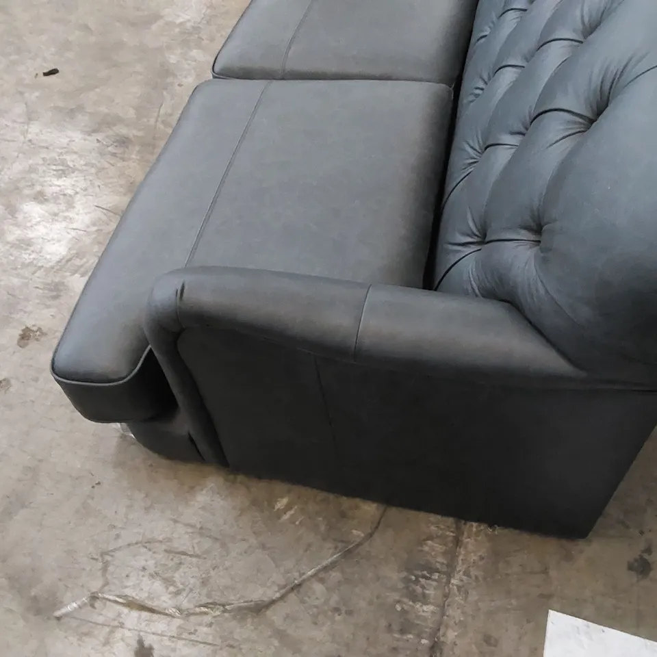 DESIGNER 3 SEATER BUTTON BACK LEATHER SOFA IN DARK GREY 