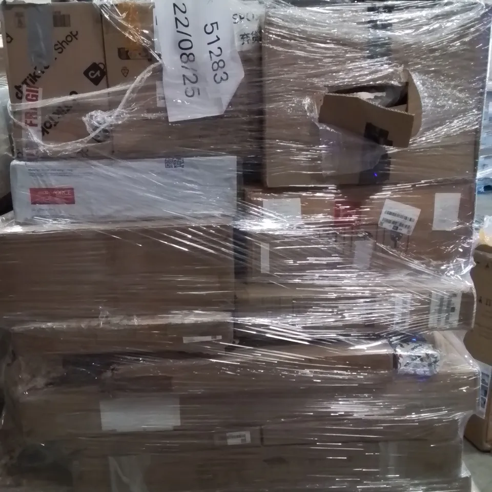 PALLET CONTAINING VARIOUS ASSORTED ITEMS TO INCLUDE,  CLOTHING ITEMS, CAMPING WAGON, FURNITURE AND LOTS MORE UNMARKED BOXED ITEMS 