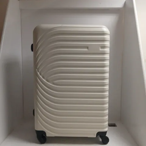 WHITE HARD-SHELL CARRY-ON SUITCASE WITH WHEELS