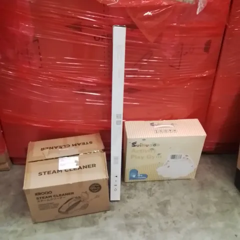 PALLET OF ASSORTED HOUSEHOLD GOODS AND PRODUCTS TO INCLUDE;STEAM CLEANER,TRIPOD,PLAY GYM