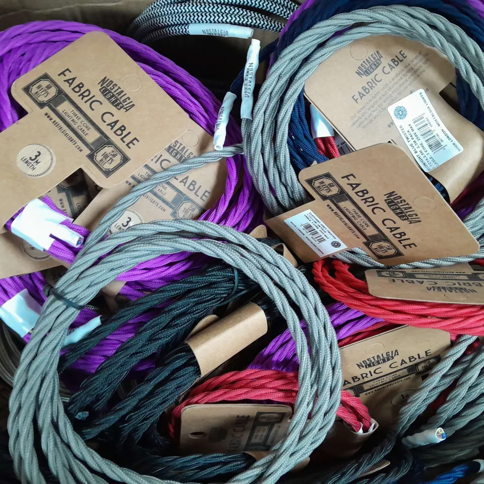 BOXED OF APPROXIMATELY 30 ASSORTED NOSTALGIA LIGHTS THREE CORE LIGHTING CABLES IN VARIOUS COLOURS AND LENGTHS - COLLECTION ONLY
