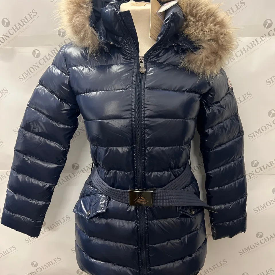 PYRENEX DIVINE DOWN FUR HOODED JACKET IN NAVY SIZE 10