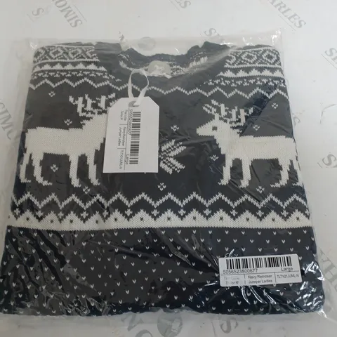 BAGGED THE LITTLE REINDEER NAVY LADIES JUMPER - LARGE
