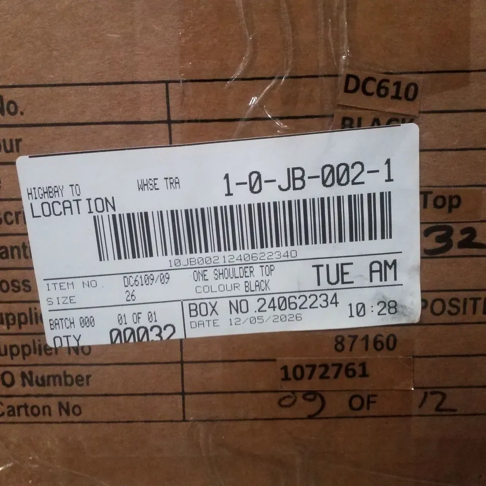 BOX CONTAINING APPROXIMATELY 32 BRAND NEW SIMPLY BE BLACK ONE SHOULDER TOPS - SIZE 26