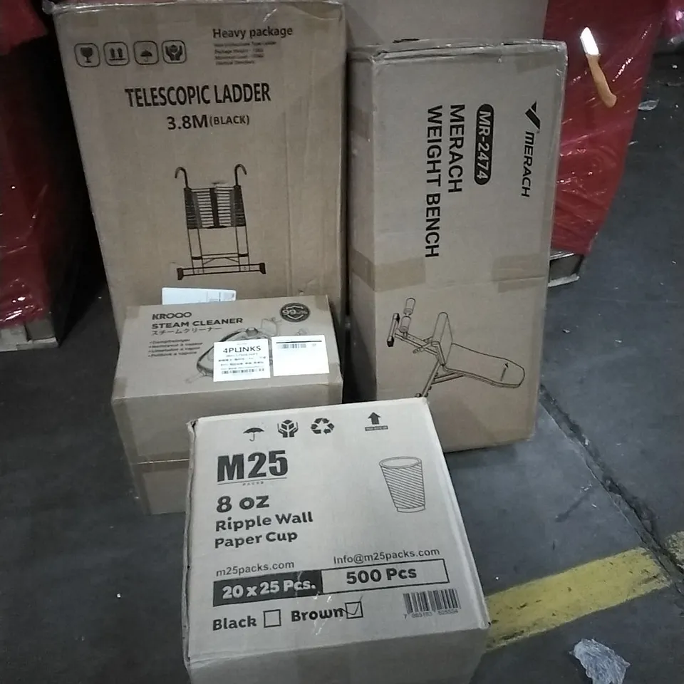 PALLET OF HOUSEHOLD ITEMS TO INCLUDE 8OZ RIPPLE CUPS,STEAM CLEANER, TELESCOPIC LADDER, WEIGHT BENCH AND OTHER ASSORTED ITEMS...