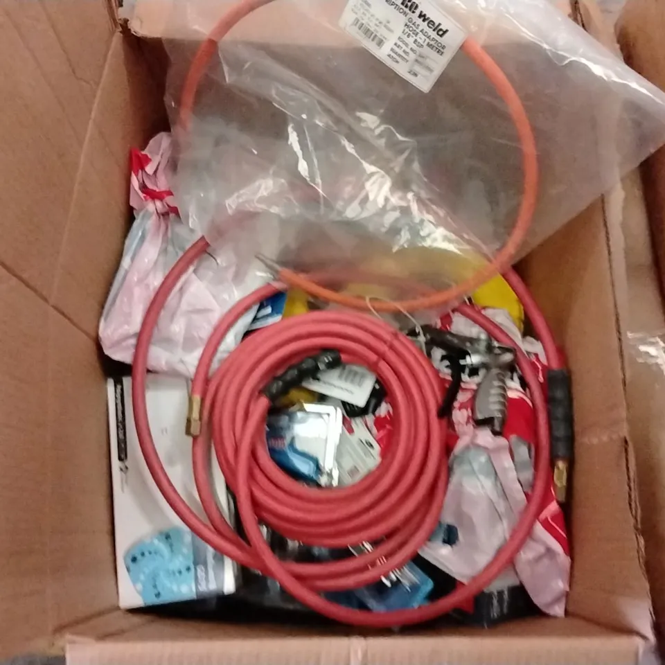 BOX TO CONTAIN ASSORTED TOOLS AND PRODUCTS TO INCLUDE;DRAPER TOOL ORGANISER,CLARKE TWIN CONNECTOR TYRE INFLATOR,HOOK SET,ETC