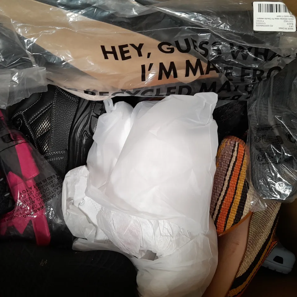 BOX OF APPROXIMATELY 15 ASSORTED PAIRS OF SHOES AND FOOTWEAR ITEMS IN VARIOUS STYLES AND SIZES TO INCLUDE HAVAIANAS, ETC