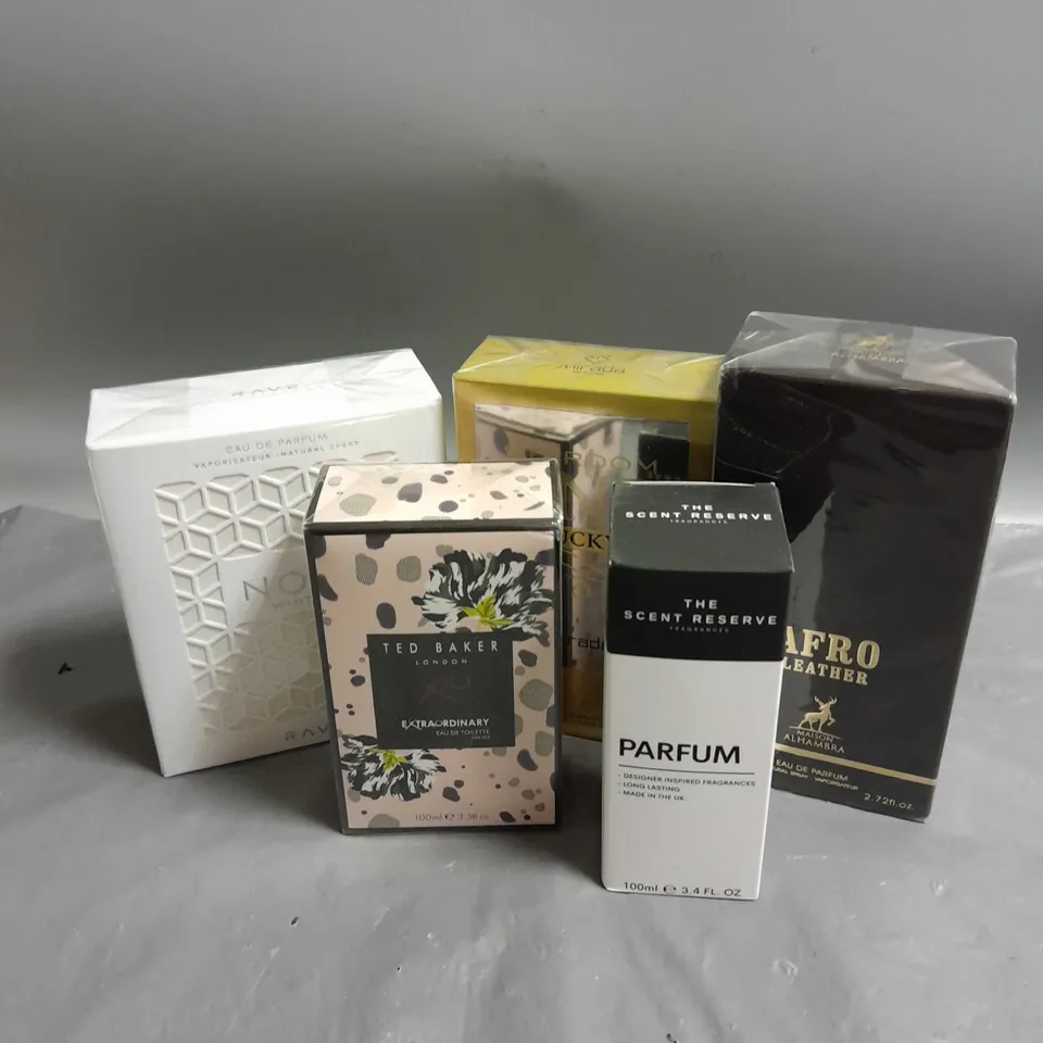 BOX OF APPROXIMATELY 5 ASSORTED BOXED FRAGRANCES TO INCLUDE - TED BAKER EXTRAORDIANARY - RAVE NOW WHITE - MAISON ALHAMBRA AFRO LEATHER - ETC