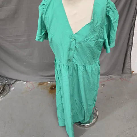 NEW LOOK GREEN DRESS – V-NECK, SHORT PUFF SLEEVES, ECOVERO VISCOSE 50%, UK 14