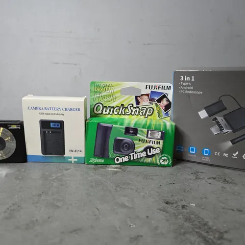 APPROXIMATELY 12 ASSORTED ITEMS TO INCLUDE - QUICKSPAN CAMERA , CAMERA BATTERY CHARGER , 3 IN 1 CABLES ETC
