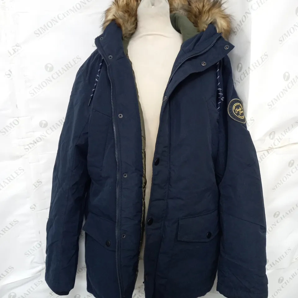 JACK & JONES FUR TRIM HOOD PADDED JACKET IN NAVY SIZE L