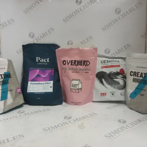 BOX OF APPROX 10 ASSORTED FOOD ITEMS TO INCLUDE - OVERHERD OAT DRINK POWDER - PACK COFFEE GATOMBOYA FILTER - MY PROTEIN CREATINE MONOHYDRATE ECT