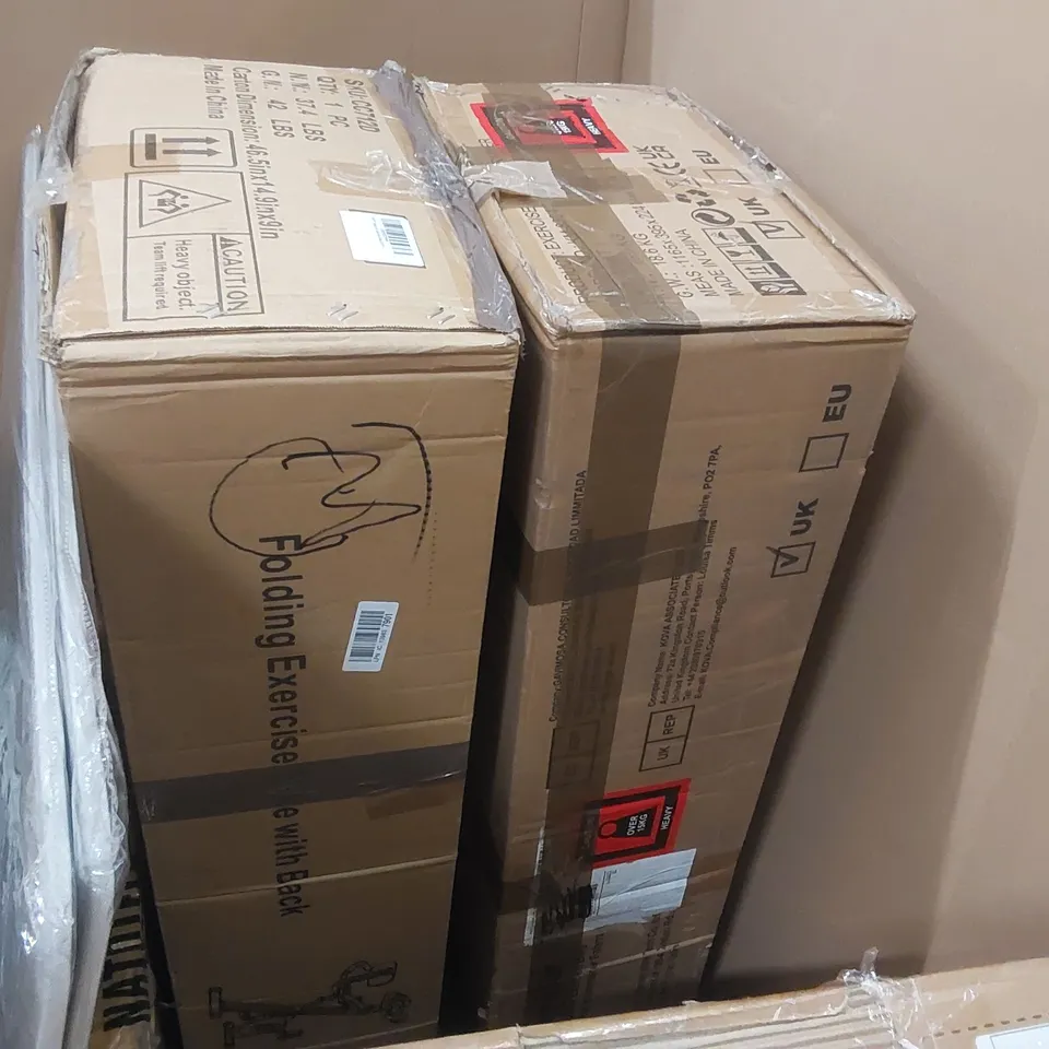 PALLET OF ASSORTED ITEMS TO INCLUDE: ROWING MACHINE, FOLDING EXERCISE BIKES, PORTABLE AIR CONDITIONER, LOGITECH G29 RACING WHEEL, BAMBOO CLOTHING RACK, DUMBELL RACK ECT