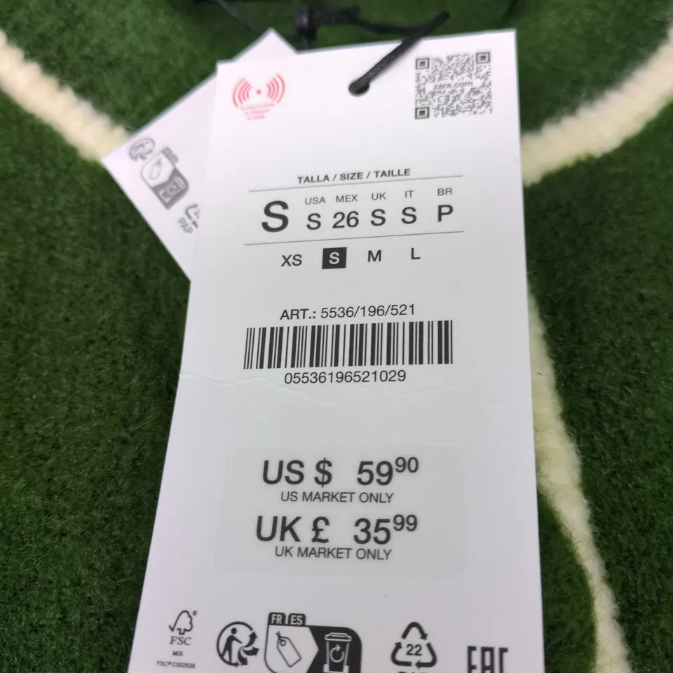 ZARA UK SIZE S GREEN KNIT CARDIGAN WITH CREAM PIPING