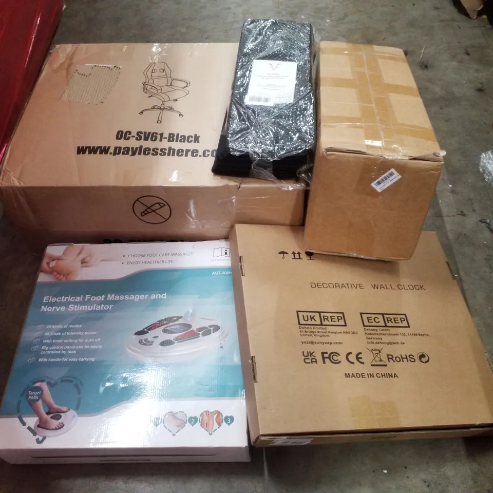 PALLET CONTAINING ASSORTED PRODUCTS INCLUDING GAMING CHAIR, DECORATIVE WALL CLOCK, FOOT MASSAGER, BABY PLAYPEN & SOFA SAVER CUSHION SUPPORT BOARDS