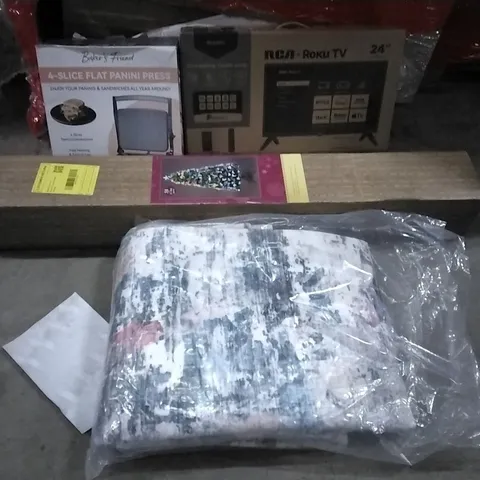 PALLET OF HOUSEHOLD ITEMS TO INCLUDE 4 SLICE FLAT PANINI PRESS,24INCH TV,CHRISTMAS TREE, RUG AND OTHER ASSORTED ITEMS...