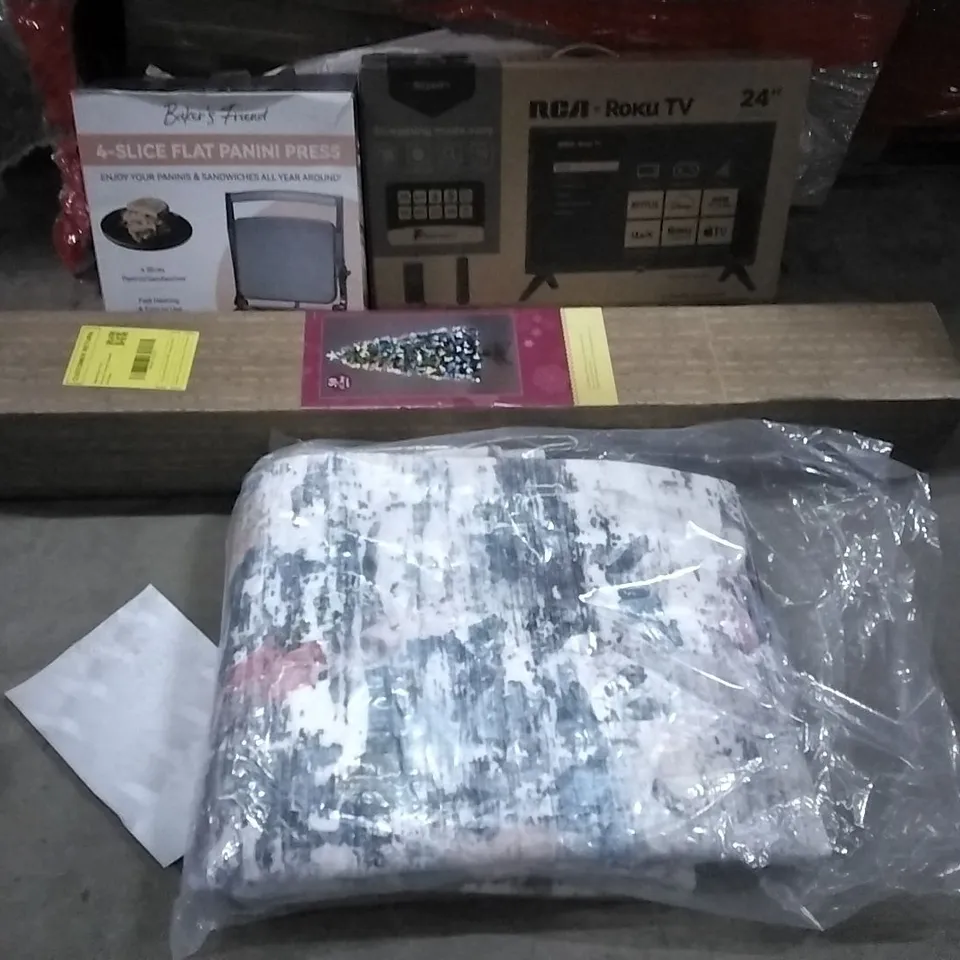 PALLET OF HOUSEHOLD ITEMS TO INCLUDE 4 SLICE FLAT PANINI PRESS,24INCH TV,CHRISTMAS TREE, RUG AND OTHER ASSORTED ITEMS...