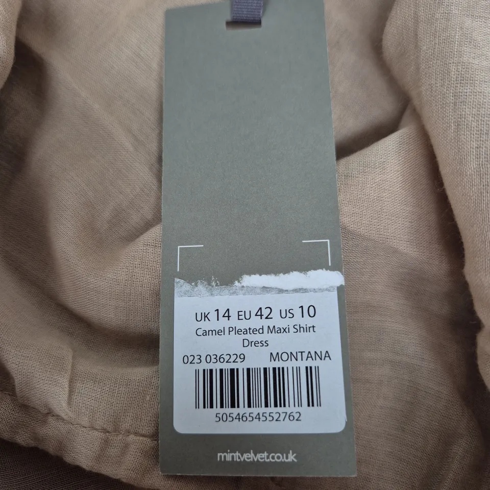 MINT VELVET CAMEL PLEATED MAXI SHIRT DRESS, UK 14