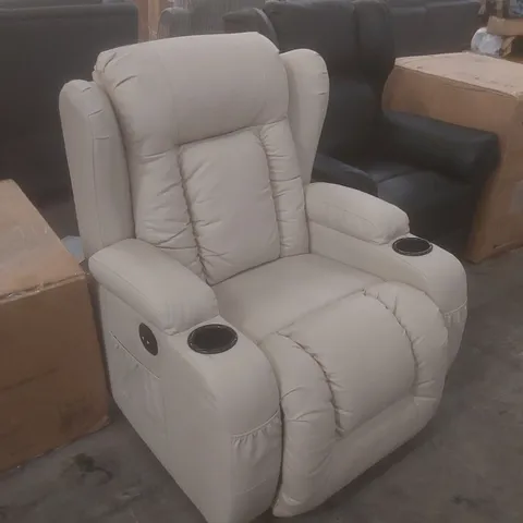 DESIGNER CREAM FAUX LEATHER UPHOLSTERED RECLINER CHAIR