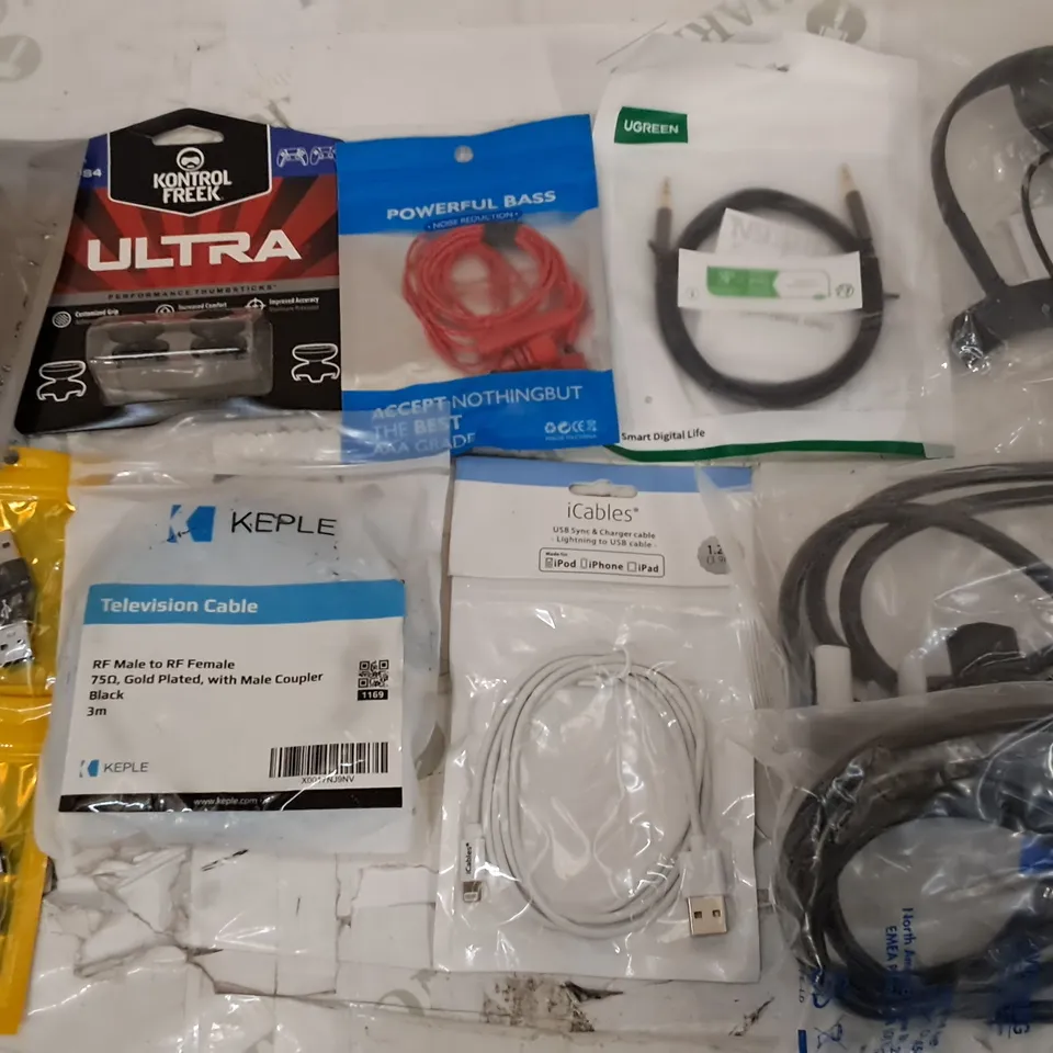 LOT OF ASSORTED POWER LEADS,  CABLES, THUMBSTICK COVERS AND ADAPTERS