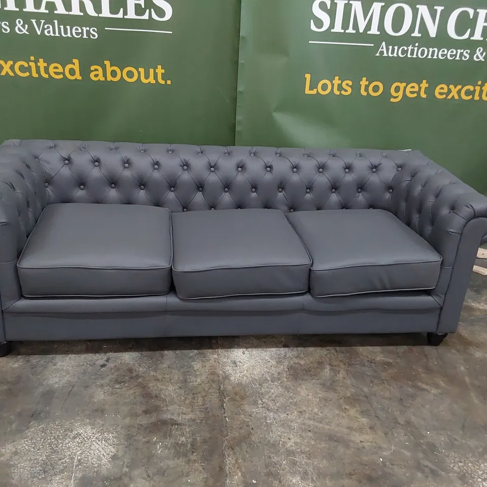 DESIGNER THREE SEATER CHESTERFIELD SOFA GREY LEATHER 