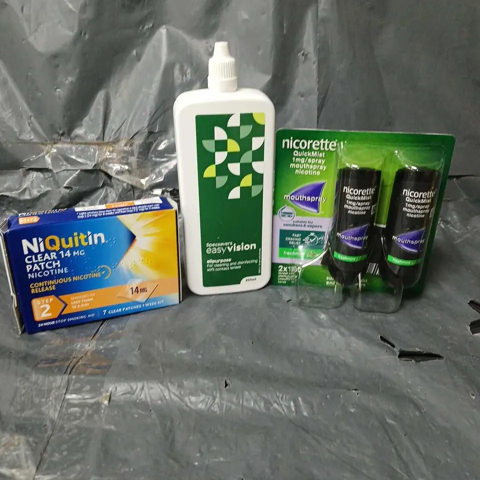 APPROXIMATELY 15 HEALTH AND BEAUTY PRODUCTS TO INCLUDE NICORETTE MOUTH SPRAY, NIQUITIN PATCHES AND CONTACT LENS CLEANING SOLUTION