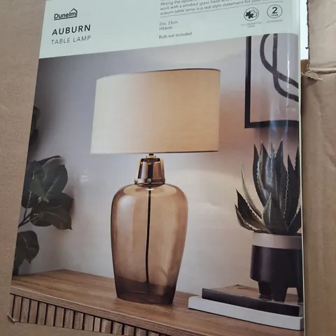 BOXED DUNELM AUBURN TABLE LAMP – SMOKED GLASS BASE WITH APRICOT SHADE