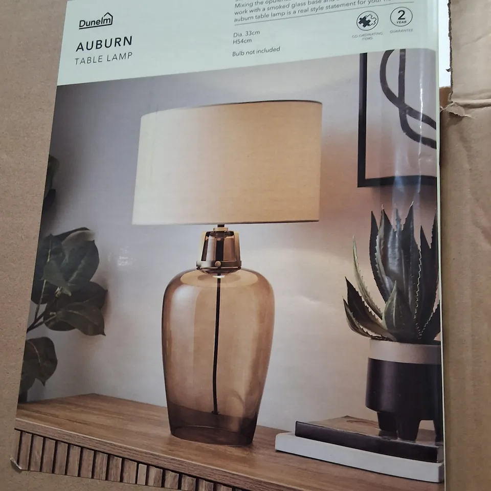 BOXED DUNELM AUBURN TABLE LAMP – SMOKED GLASS BASE WITH APRICOT SHADE