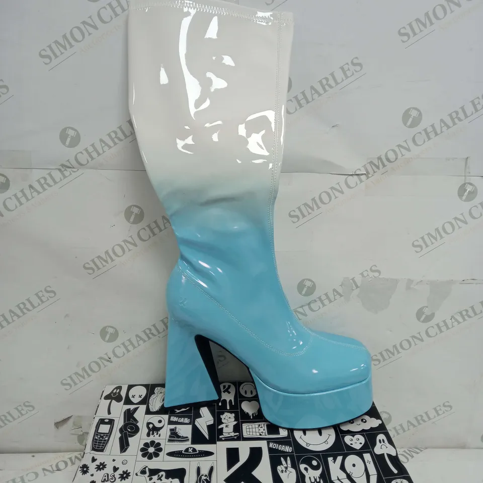BOXED PAIR OF KOI FOOTWEAR BUBBLEGUM BURST HEELED LONG BOOTS IN BLUE OMBRE PATENT - SIZE 8