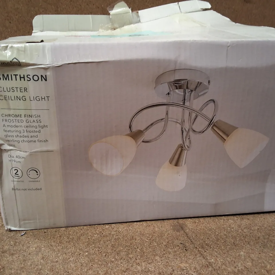 BOXED SMITHSON CLUSTER CEILING LIGHT - CHROME FINISH WITH FROSTED GLASS SHADES (3-LIGHT)