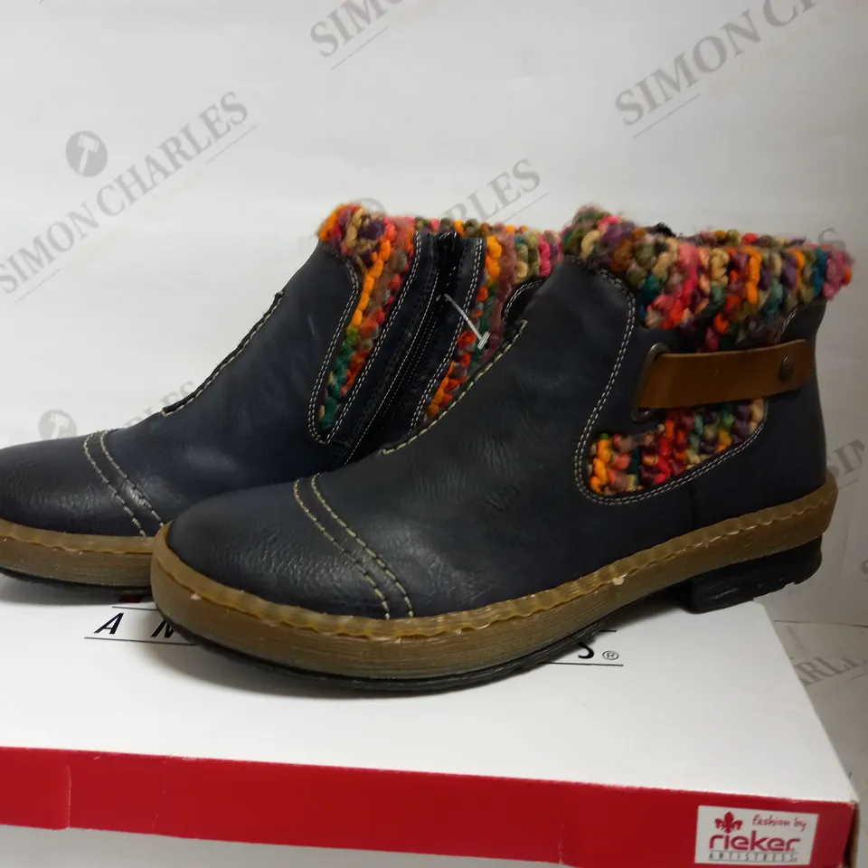 RIEKER WOOL LINED ANKLE BOOTS WITH STRAP DETAIL DARK BLUE UK SIZE 6