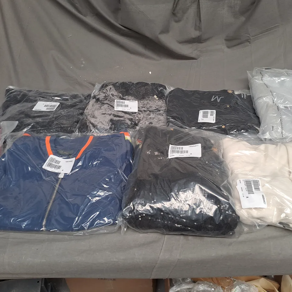 BOX OF ASSORTED CLOTHING ITEMS TOO INCLUDE COATS , TOPS, AND TROUSERS   ETC. 