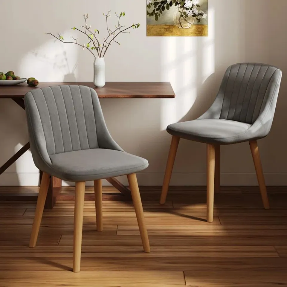 BOXED SET OF 2 SAMARA MODERN FABRIC UPHOLSTERED DINING CHAIRS WITH WOODEN LEGS - GREY