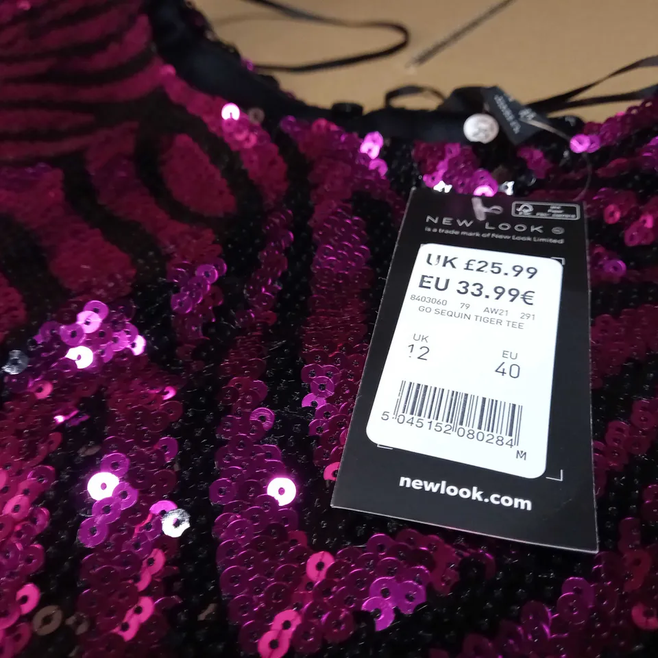 NEWLOOK HOT PINK BLACK SEQUIN DETAILED TOP - SIZE 12