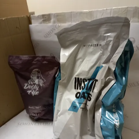 BOX OF DUSTY APE COFFEE AND INSTANT OATS