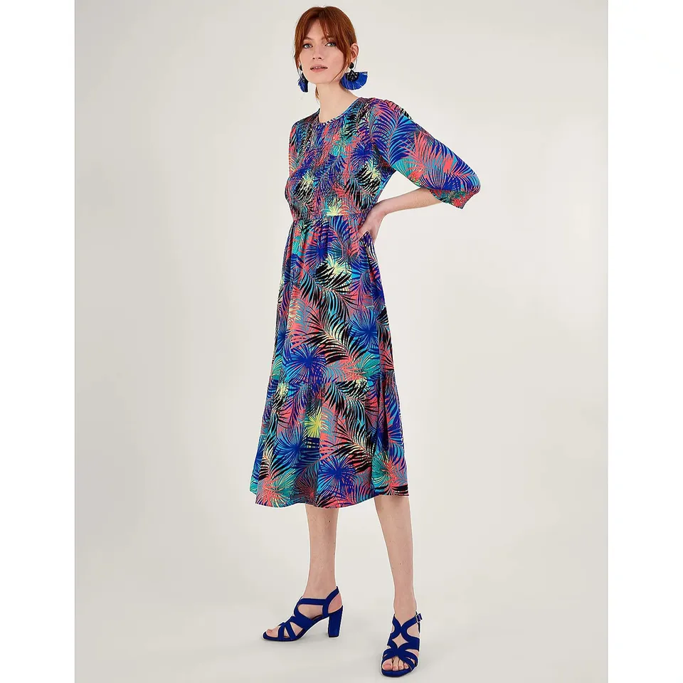 MONSOON 3/4 SLEEVE PRINTED SHIRRED DRESS - PALM PRINT - UK 14 