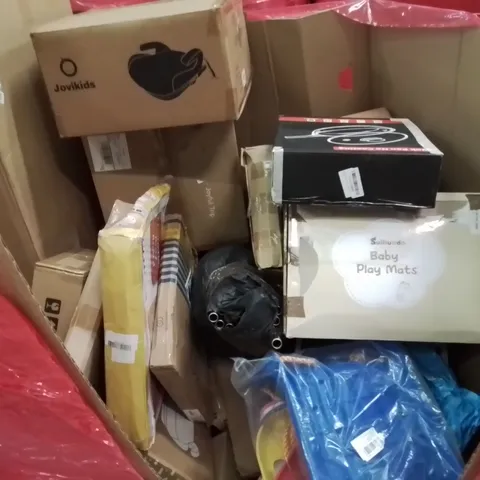 PALLET CONTAINING VARIOUS ASSORTED BOXED HOUSEHOLD ITEMS TO INCLUDE: BABY PLAYMAT, KIDS BOOSTER SEATS, COOKWARE SET, KIDS SWING AND LOTS MORE UNMARKED BOXED ITEMS