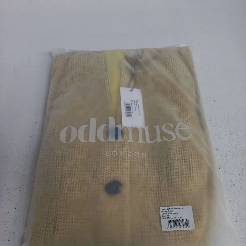 ODDMUSE LONDON COTTON MIX BOUCLE BUTTON DRESS – CHARTREUSE, UK SIZE M