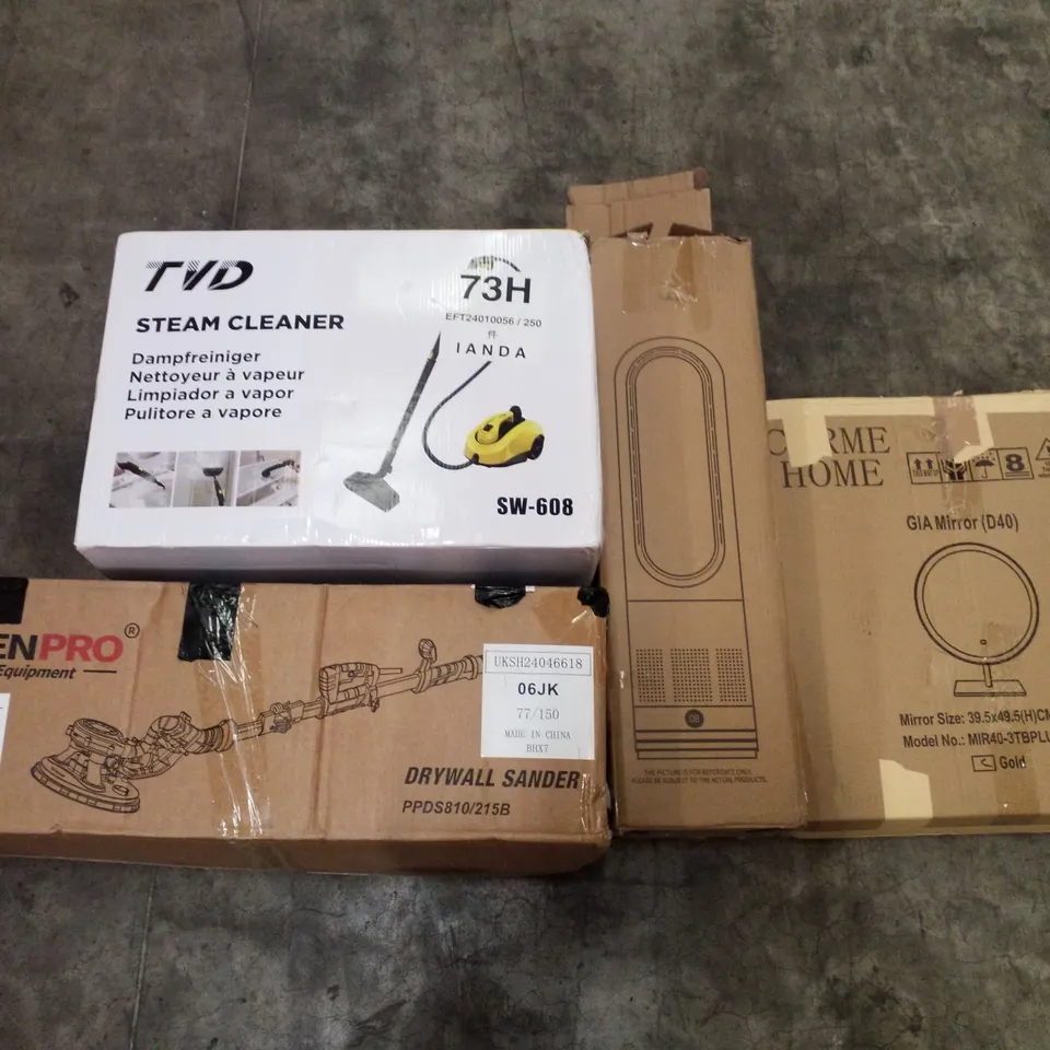PALLET OF ASSORTED PRODUCTS INCLUDING STEAM CLEANER, DRYWALL SANDER, BLADELESS FAN, ROUND MIRROR 