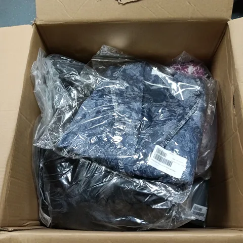 BOX OF APPROXIMATELY 10 ASSORTED CLOTHING ITEMS IN VARIOUS STYLES , COLOURS AND SIZES