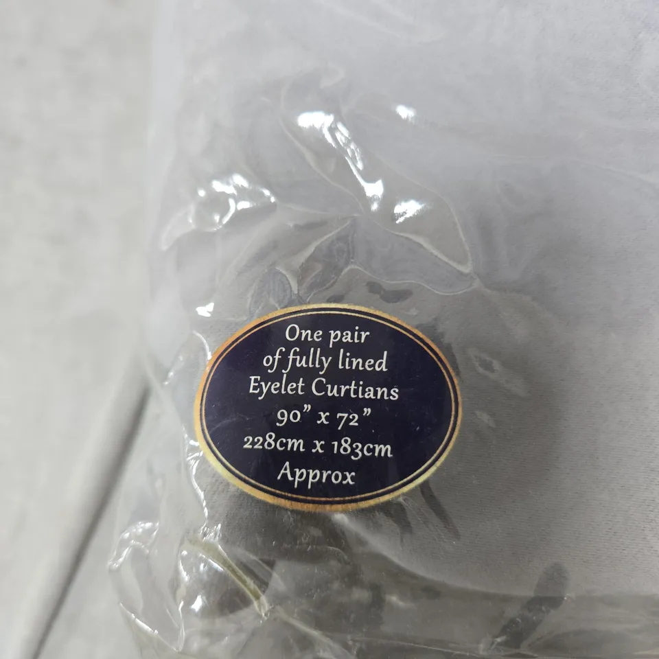 TOPAZ LUXE HOME COLLECTION EYELET CURTAINS IN GREY – SILKY FEEL BLACKOUT, FULLY LINED, 90 X 72 IN (228 X 183 CM)