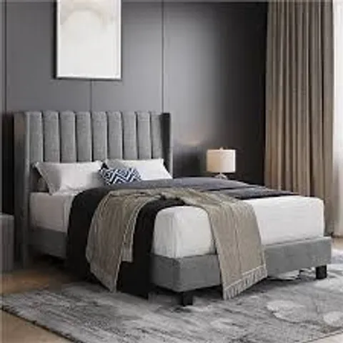 BOXED UPHOLSTERED DOUBLE BED FRAME WITH CHANNEL TUFTED HEADBOARD - LIGHT GREY (2 BOXES)