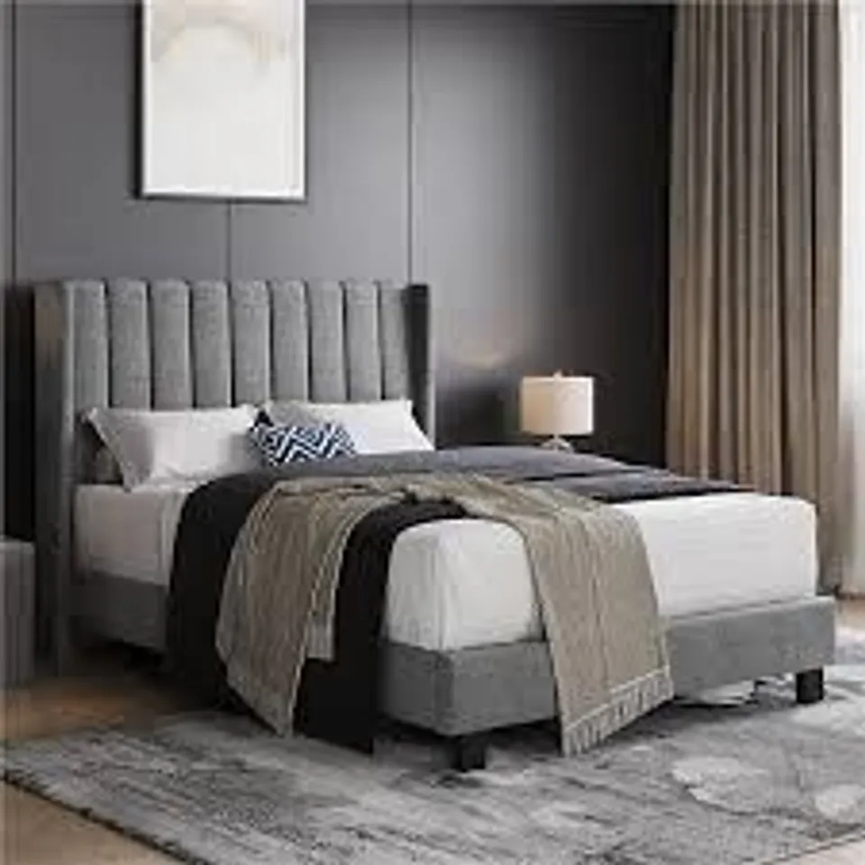 BOXED UPHOLSTERED DOUBLE BED FRAME WITH CHANNEL TUFTED HEADBOARD - LIGHT GREY (2 BOXES)