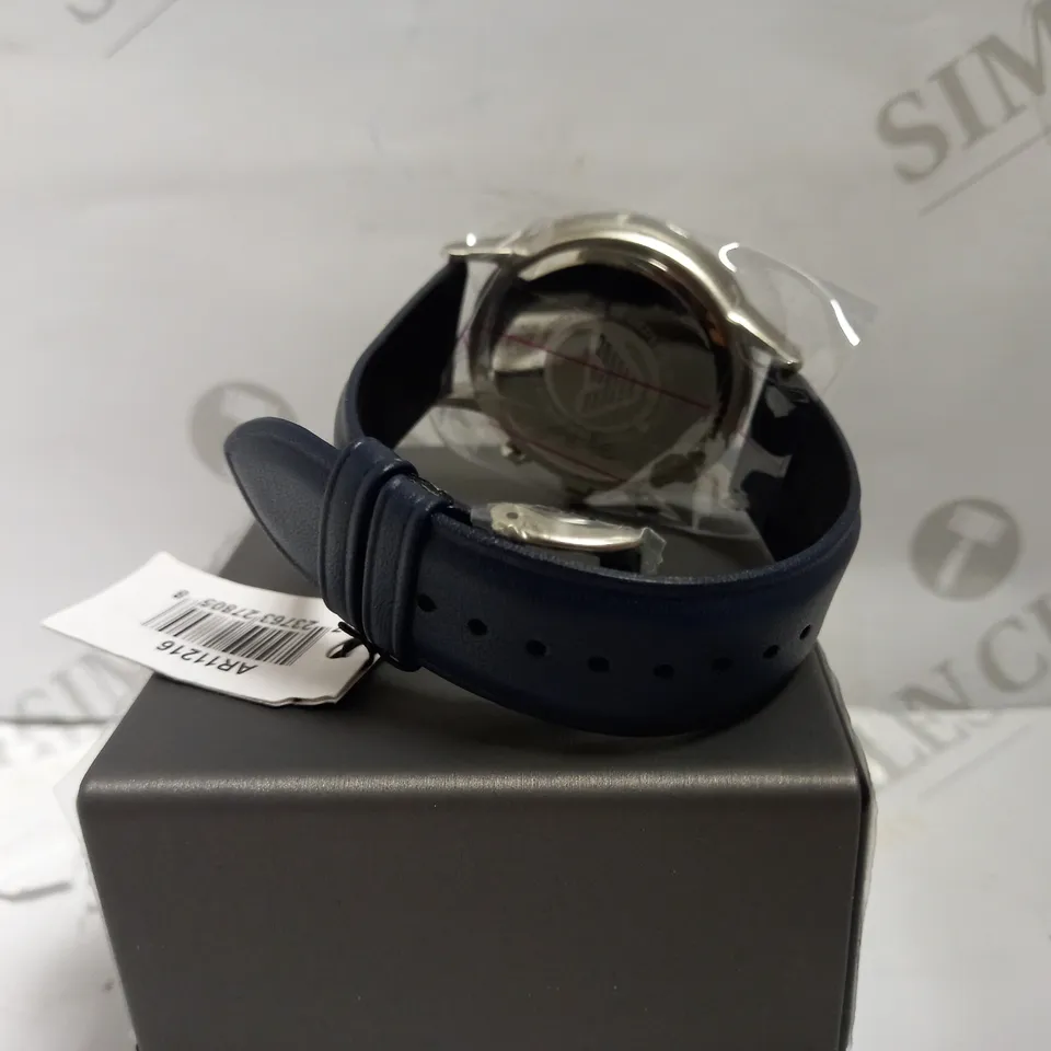 EMPORIA ARMANI TRIPLE DIAL WATCH WITH BLUE LEATHER EFFECT STRAP